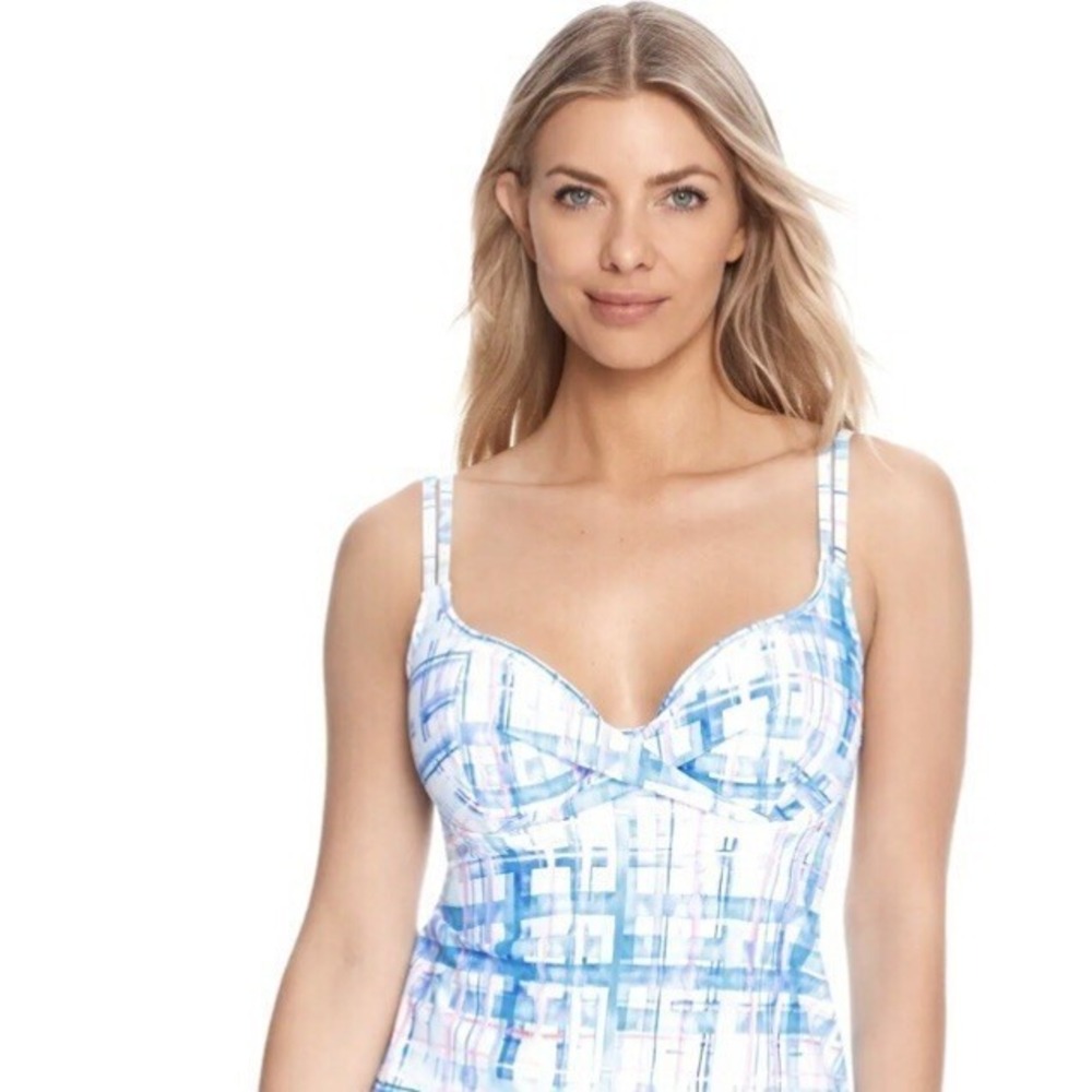 Birdsong Size 36I Bare Necessities Coastal Plaid Underwire Wrap Tankini Swim Top